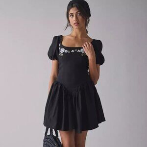 Kiss the Sky Floral Embroidered Puff Sleeve Open Bow Back Mini Dress